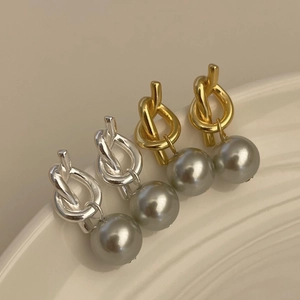 Elegant Grey Artificial Pearl Knot Stud Earrings With 925 Sterling Silver Earring Post Simple Modern Jewelry For Women Gift