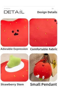 Macro details of strawberry plush pillow showing soft fabric and cute facial embroidery