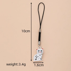 Cat charm detail showing 10cm length and 3.4g weight on woven strap and ceramic body