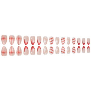 Christmas almond false nails set with red bows, snowflakes and stripe patterns