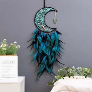 Moon-shaped Tree of Life dreamcatcher with peacock blue stones and soft feathers