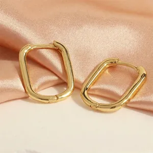 Detail of 18K gold-plated U-shaped geometric earrings on elegant rose gold silk fabric