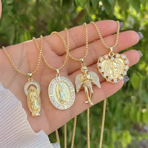 Virgin Mary Angel Heart Cross Pendant Necklace 18K Gold Plated Copper Cubic Zirconia Artificial Pearl Religious Jewelry Women Men