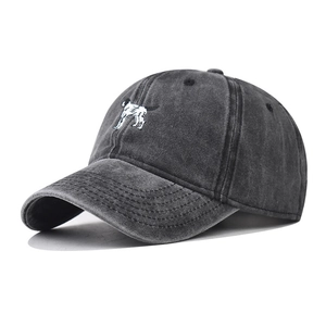 Vintage washed gray cotton baseball cap with white embroidered puppy animal design