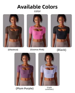 Detail showing the workout crop top in five colors with a breathable chest cutout design