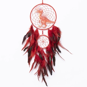 Nordic red dinosaur dream catcher with vibrant feathers for children room wall decor