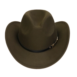 Detailed top view of an olive green felt cowboy hat with a black leather band and gold buckle
