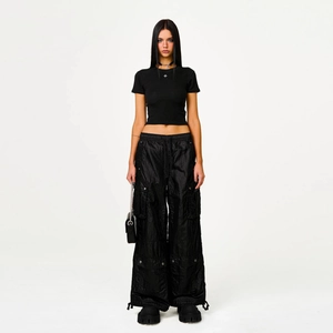 Slim fit black cropped tee with embroidered cross and multi-pocket cargo pants set