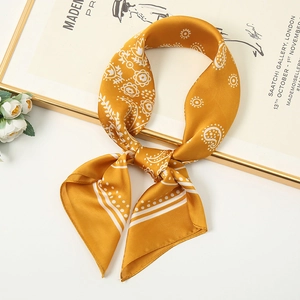 Mustard yellow silk feeling neck scarf with white paisley pattern for women summer style