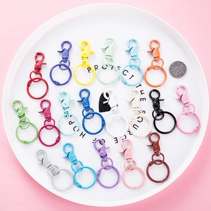 Colorful metal lobster clasp keychains in various macaron colors on a white plate