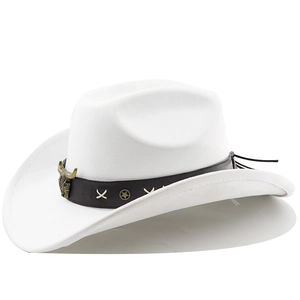 Detail of white suede cowboy hat featuring brown leather band and bronze bull head ornament