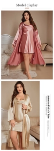 Lace-up satin sleepwear set with slip dress and matching robe in pink and champagne gold