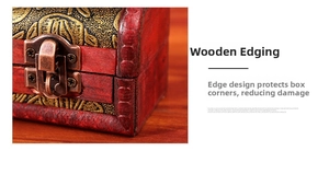 Detail of vintage wooden jewelry box with copper buckle and reinforced edges