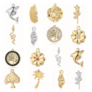 Stainless Steel Pendants Gold Plated Dolphin Rose Flower Tree Of Life Snake Wing Charms French Vintage DIY Jewelry Making