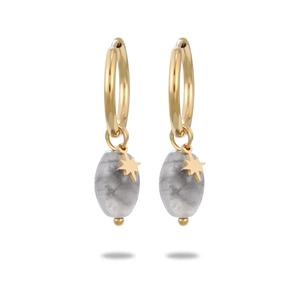Detail of gold star charm on grey natural stone earrings made of stainless steel