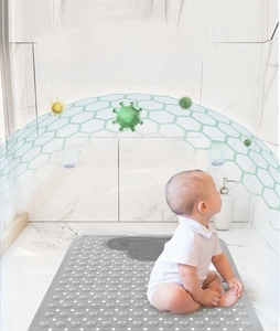 Grey non-slip bathroom mat for infants with antibacterial suction cups and foot massage texture