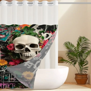 Detail van waterdicht douchegordijn met artistiek schedel- en bloemengraffiti-ontwerp