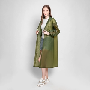 Reusable olive green EVA raincoat for adults featuring a hood and snap button closure