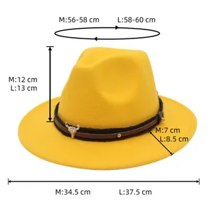 Detailed size chart for yellow fedora hat showing M and L dimensions with brim width