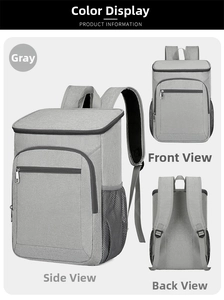 Front, side, and back views of a gray insulated outdoor backpack for camping and picnic