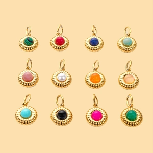 Set of 12 gold plated stainless steel charms with various round natural stones