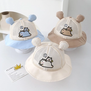 Cute mesh sun hat for kids featuring animal ears and cartoon bear embroidery patterns