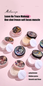 Detail of setting powder with cute illustration lid and soft white puff applicator