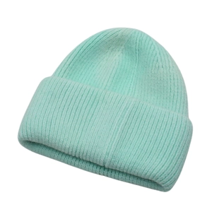 Detail of mint green winter knit beanie with vertical ribbed texture and folded cuff
