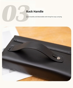 Dettaglio della pochette in pelle nera con maniglia posteriore e rivetti in metallo
