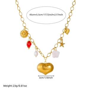 Goldene Edelstahlkette mit Herzanhänger, Seestern und Blumen, 45cm Länge, Schmuck