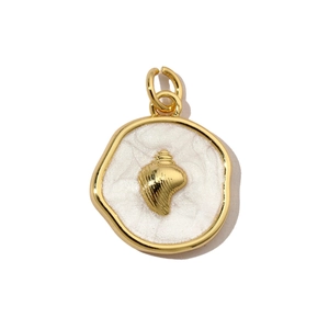Detailed view of ocean-themed pearl white shell pendant with a golden seashell motif