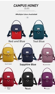 Multi-compartment nylon crossbody phone bags in eight vibrant colors with zipper and flap
