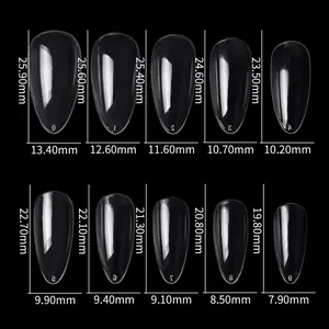 Size chart showing 10 different dimensions for clear coffin artificial nail tips
