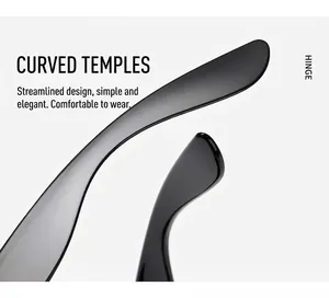 Detail of glossy black curved temple and hinge on vintage-style sunglasses