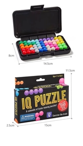 Compact IQ puzzle game with colorful beads in black storage case and retail box packaging