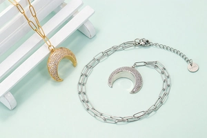 Minimalist stainless steel crescent moon pendant necklace with zircon stones in gold and silver