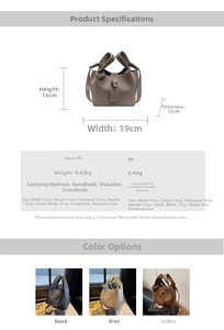 Detailed dimension guide showing 19x15x13cm size specs for minimalist PU bucket bags