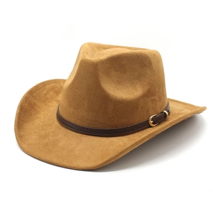Classic tan faux suede western cowboy hat with brown leather belt and gold buckle
