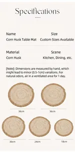 Tableau des tailles pour sets de table en paille de maïs tressés à la main