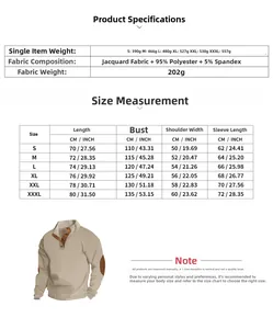 Detailed size chart for men's jacquard henley sweatshirt with metric and imperial measurements