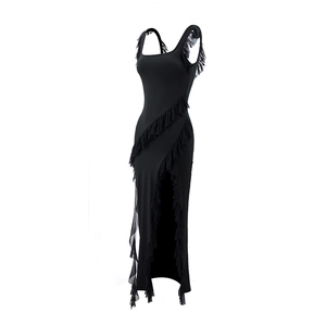 Detail view of black bodycon dress featuring layered ruffles and sheer mesh fringe tassels