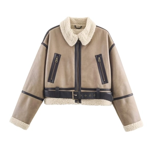 Short faux shearling leather biker jacket with brown and cream patchwork panels