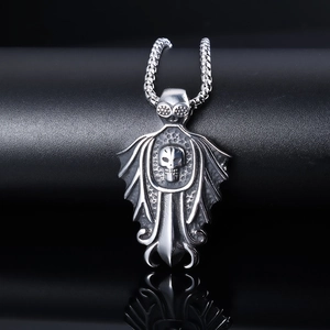 Vintage Gothic Skull Bat Wing Pendant Necklace Stainless Steel Punk Distressed Dark Style Jewelry