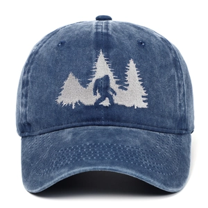 Distressed dark blue washed denim baseball cap with white Bigfoot silhouette embroidery
