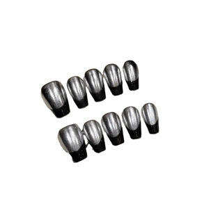 Silver cat eye press-on nails with black French tips in trapezoidal shape 10-piece set