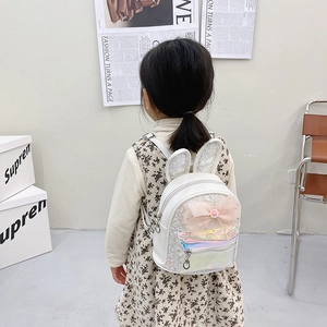 Kids sequin bunny ear backpack with colorful laser front pocket and large pink bow