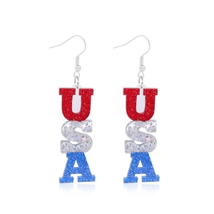 Detail of USA glitter earrings with red, silver stars, and blue acrylic alphabet charms