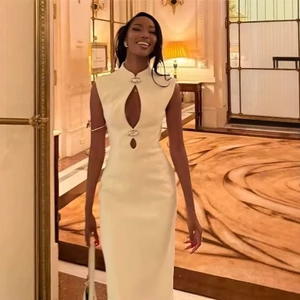Sleeveless white bodycon maxi dress with hollow-out chest design and stand collar