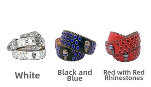 Punk Y2K leather belts with skull studs, crocodile embossing, and colorful rhinestones