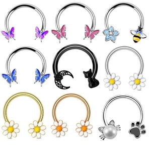 Stainless Steel Enamel Butterfly Nose Ring For Women Butterfly Heart Moon Cat Horseshoe Septum Piercing Earring Rhinestone Jewelry